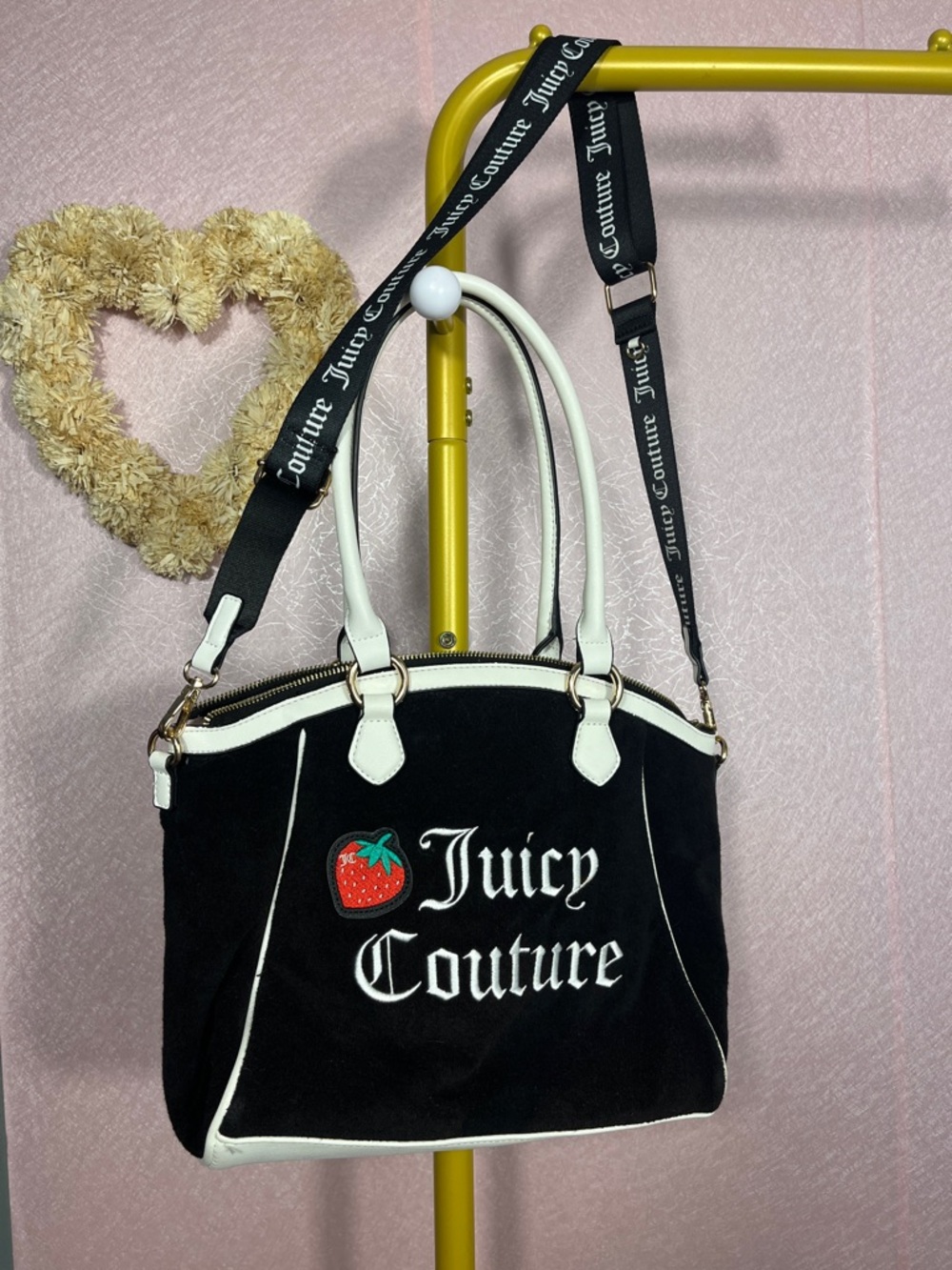 Juicy Couture Black and White Shoulder Bag with Strawberry Patch